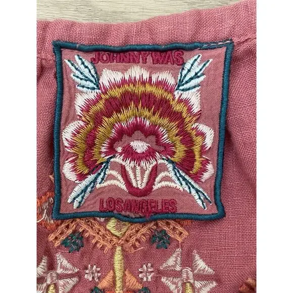 Johnny Was Chandra Pink Linen Peasant Top Blouse XS Embroidered Boho Cottage - Picture 9 of 13